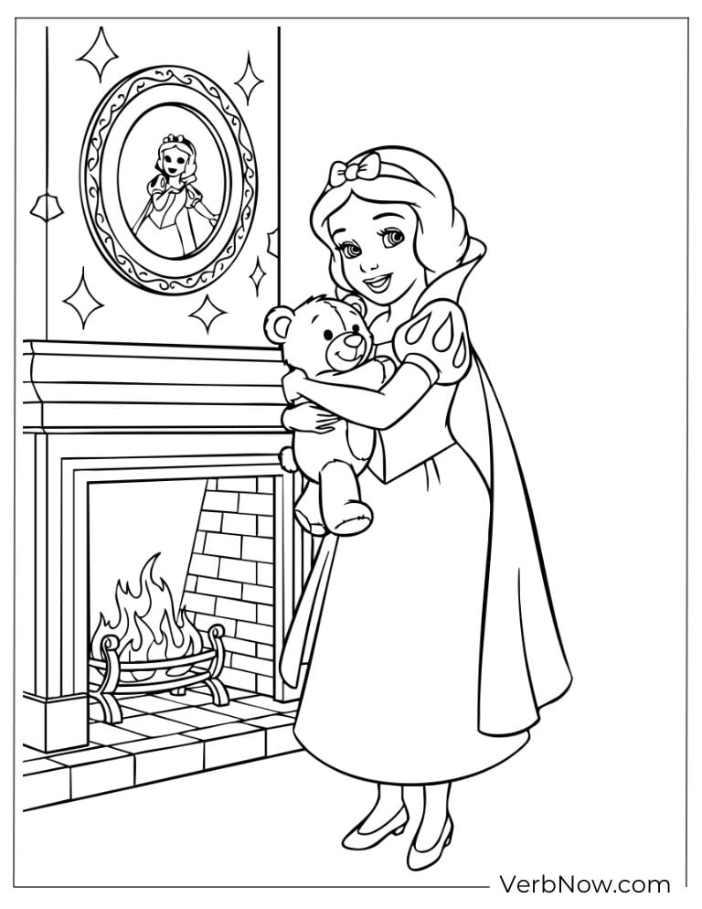 Snow White hugging a bunny near the fireplace