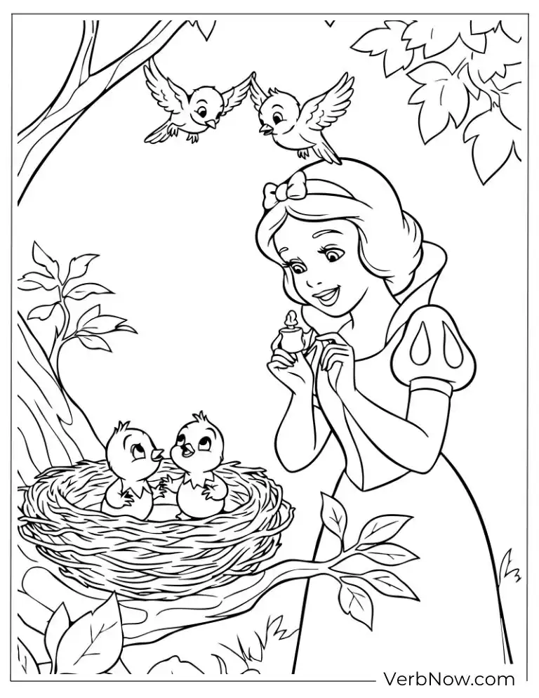 Snow White watching baby birds in a nest