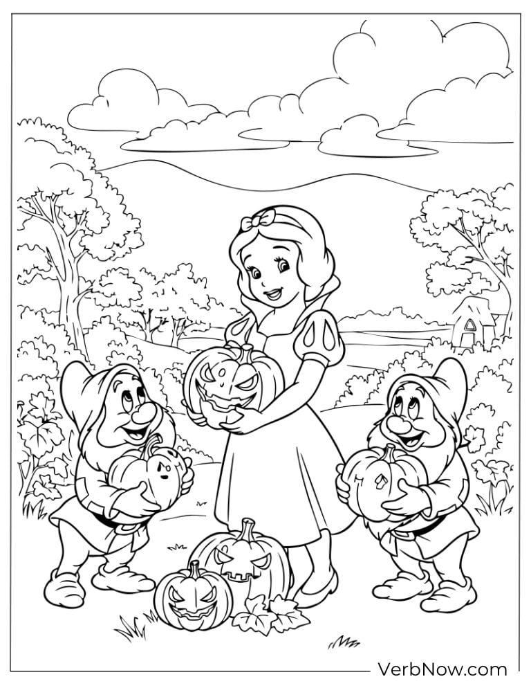 Snow White and dwarfs holding pumpkins together
