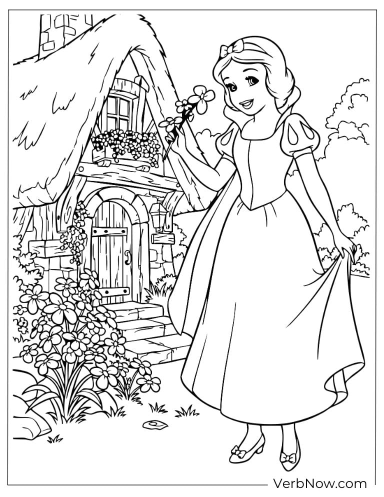 Snow White picking flowers near a cozy cottage