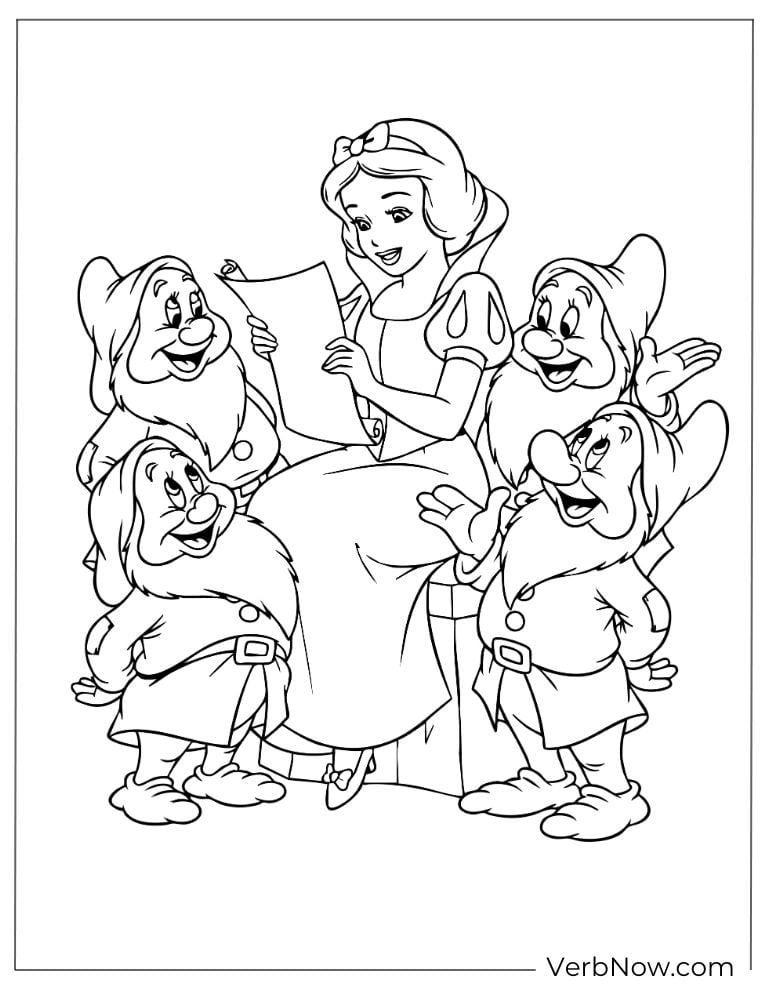 Snow White sitting and chatting with the dwarfs