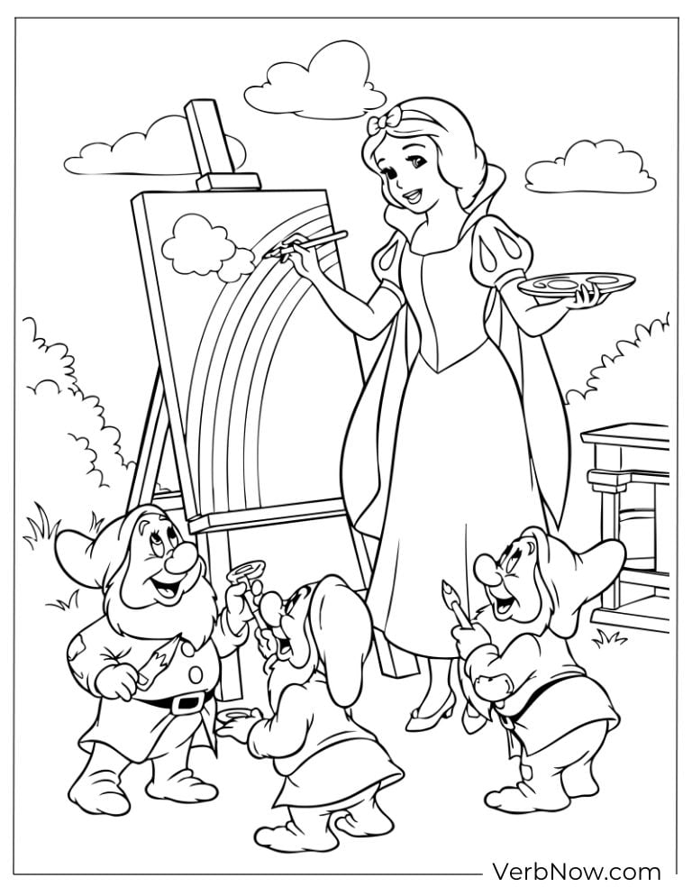 Snow White painting with the dwarfs outdoors