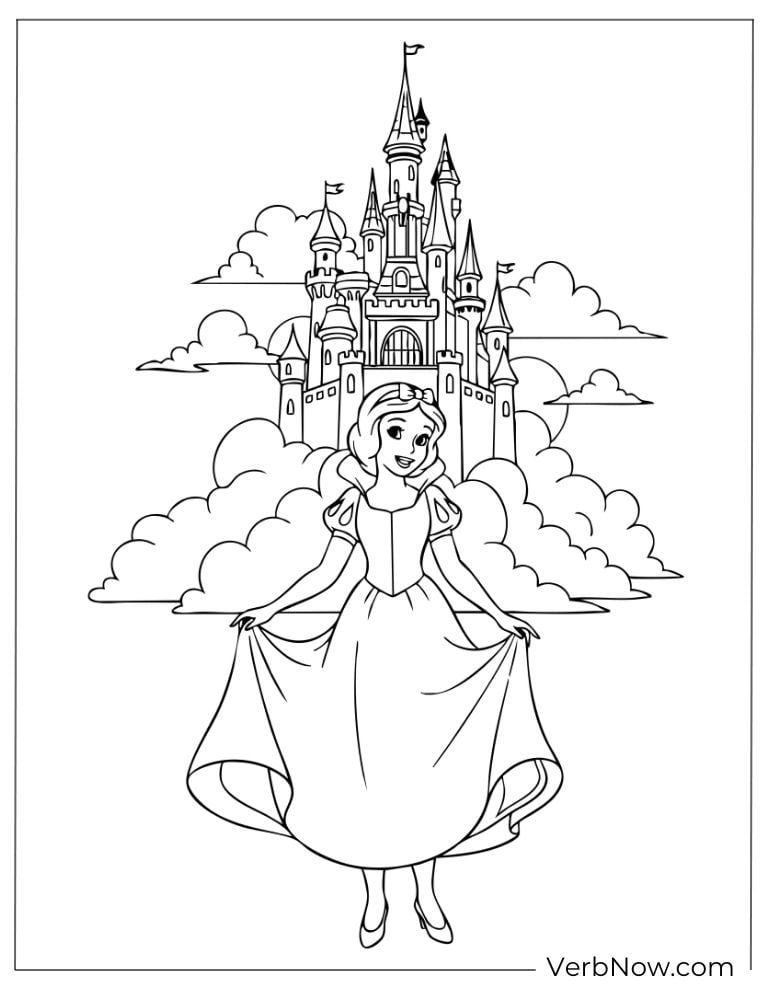 Snow White standing gracefully in front of a castle