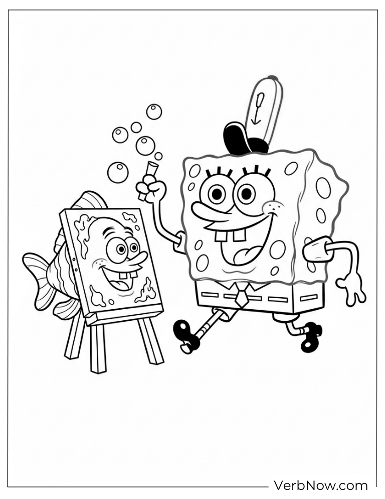 SpongeBob painting on a canvas with a big smile