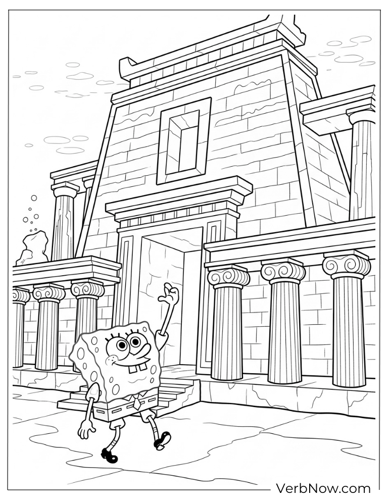 SpongeBob exploring in front of a large temple