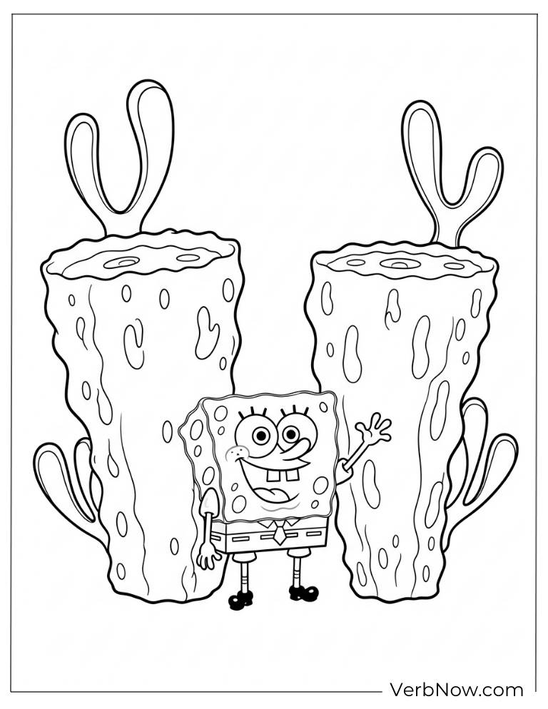 SpongeBob waving while standing between corals