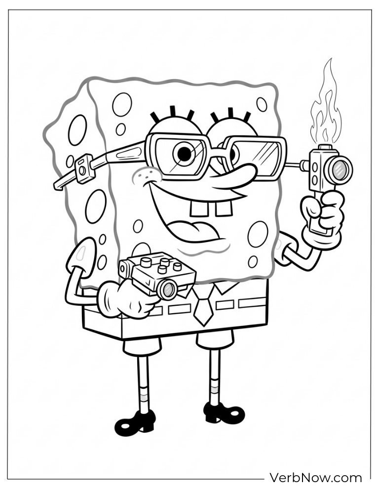 SpongeBob holding a gadget happily