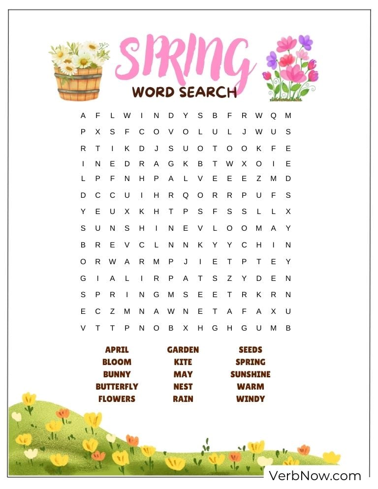 Free spring word search puzzle for practice.