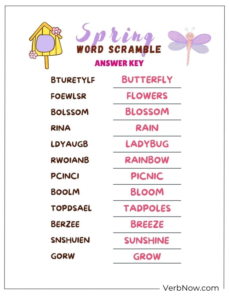 Spring word scramble game with correct answers.