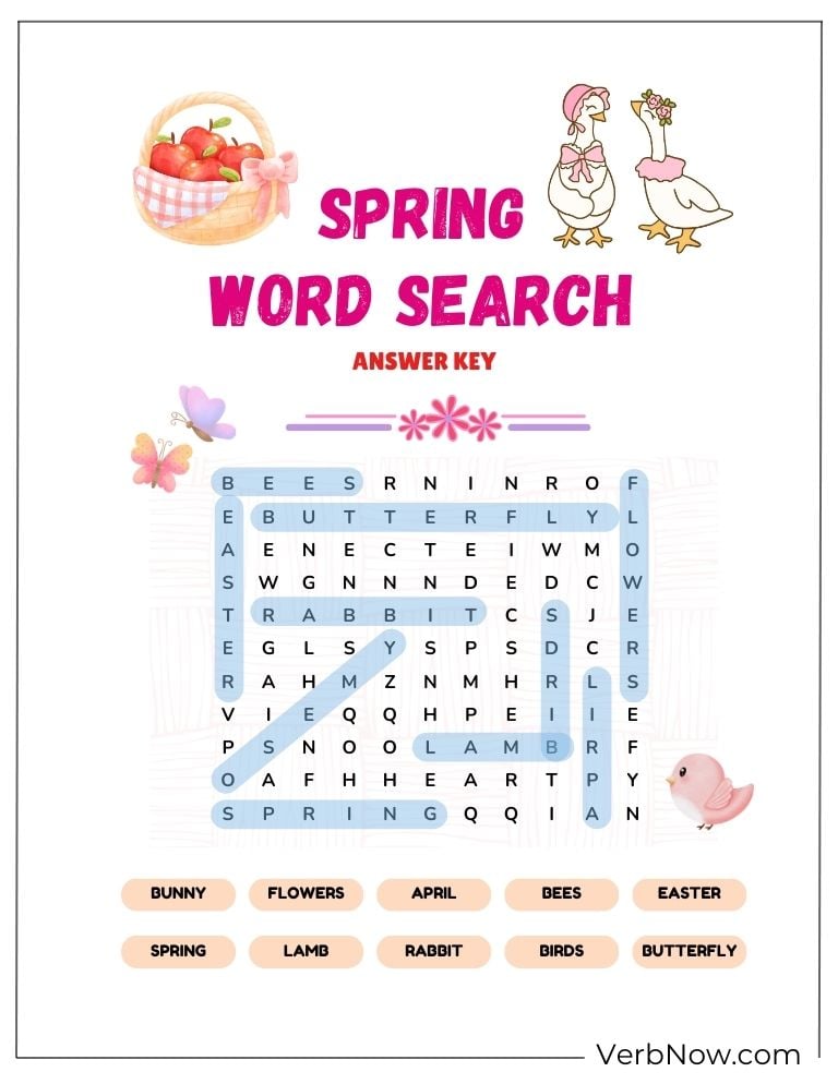 Easter spring word search with answer sheet.