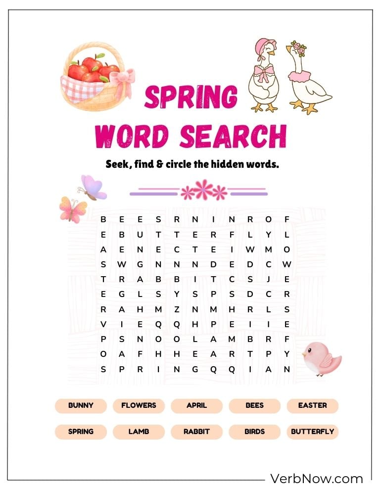Easter-themed spring word search printable puzzle.