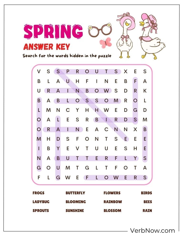 Spring word search puzzle with answer key highlighted.