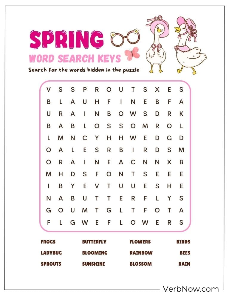 Printable spring word search worksheet for kids.