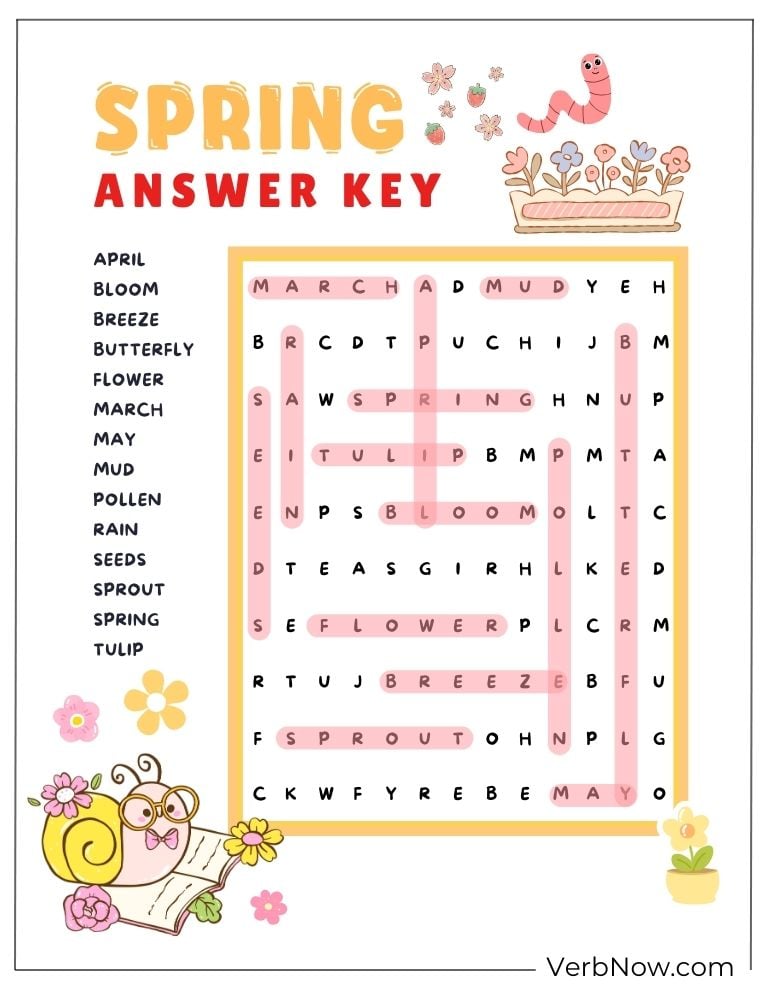 Colorful spring word search solution page.