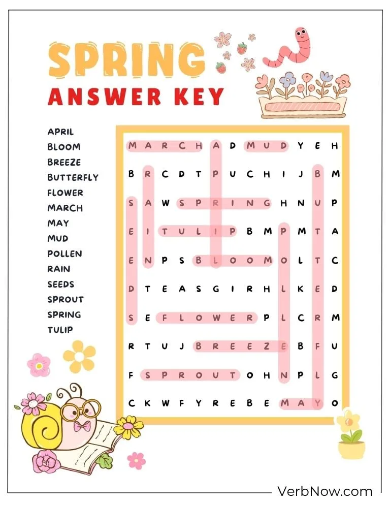 10+ Free Spring Word Puzzles to Welcome the Season (Printable PDF) Colorful spring word search solution page.