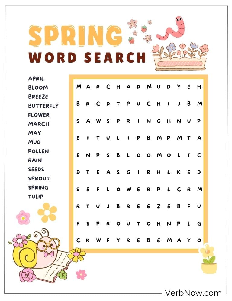 Fun spring word search puzzle activity sheet.