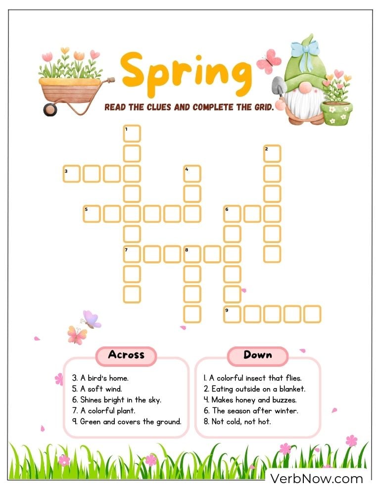 Printable spring crossword activity for kids.