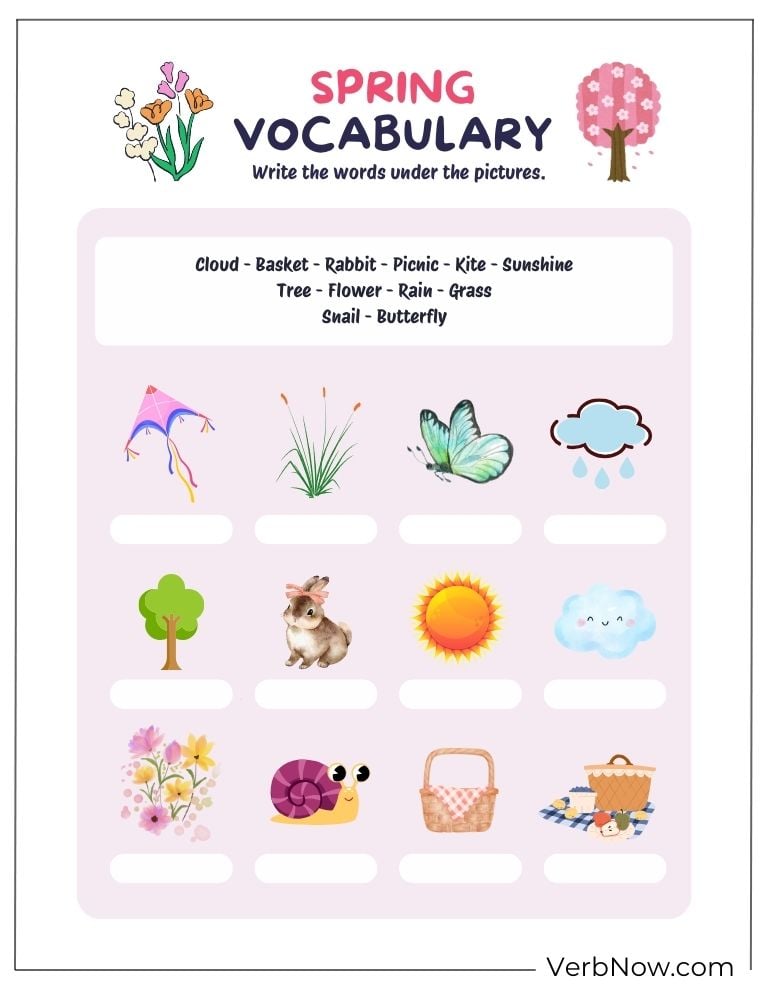 Spring vocabulary worksheet with picture words.