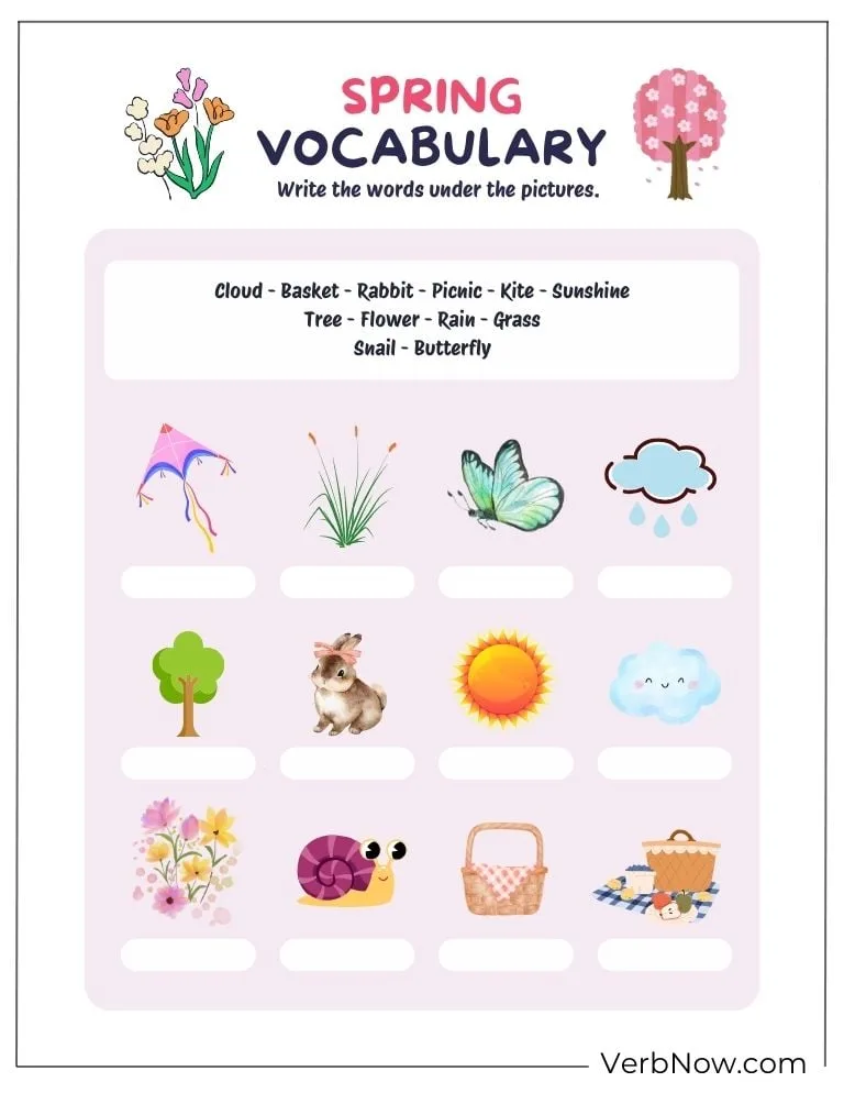 10+ Free Spring Word Puzzles to Welcome the Season (Printable PDF) Spring vocabulary worksheet with picture words.