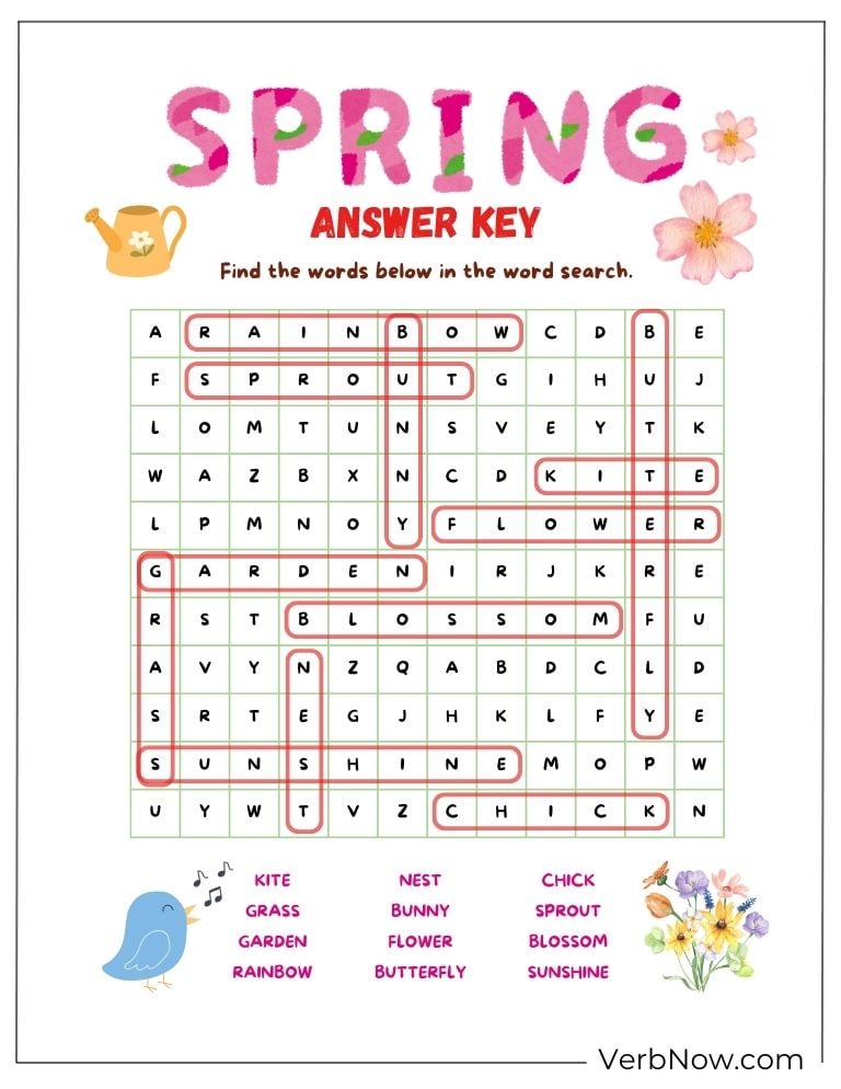 Colorful spring word search with solutions.
