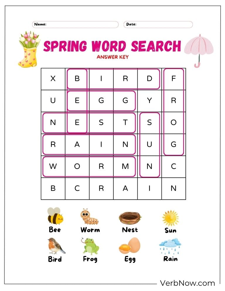 Spring word search with pictures and answers.