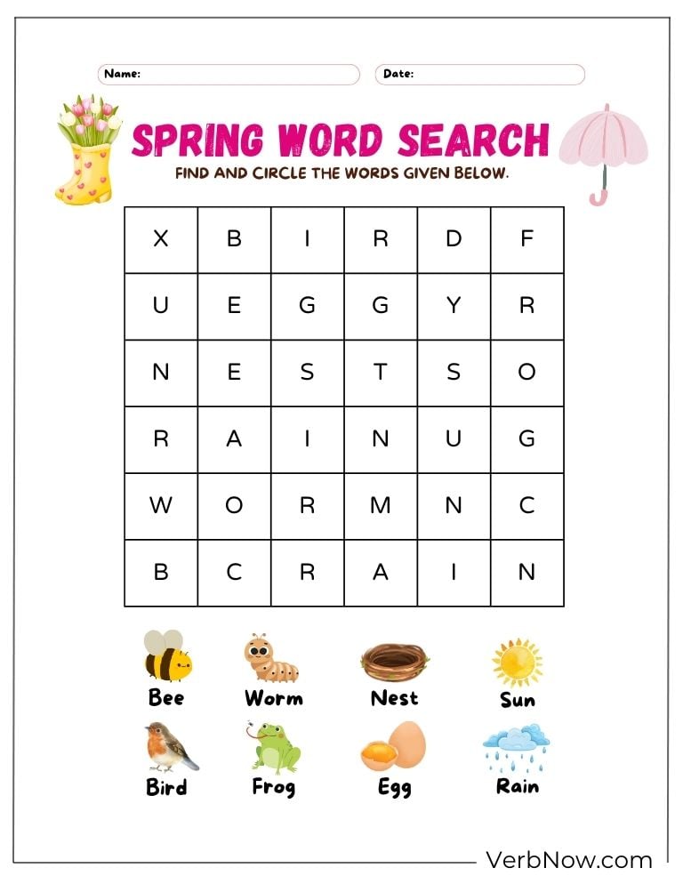 Spring picture word search worksheet for children.