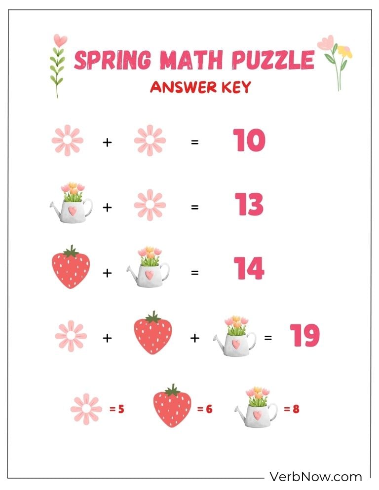 Spring-themed math puzzle with solution key.