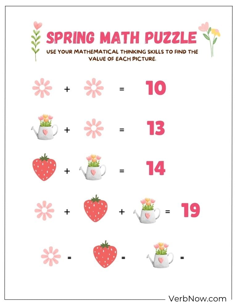 Engaging spring math puzzle worksheet printable.