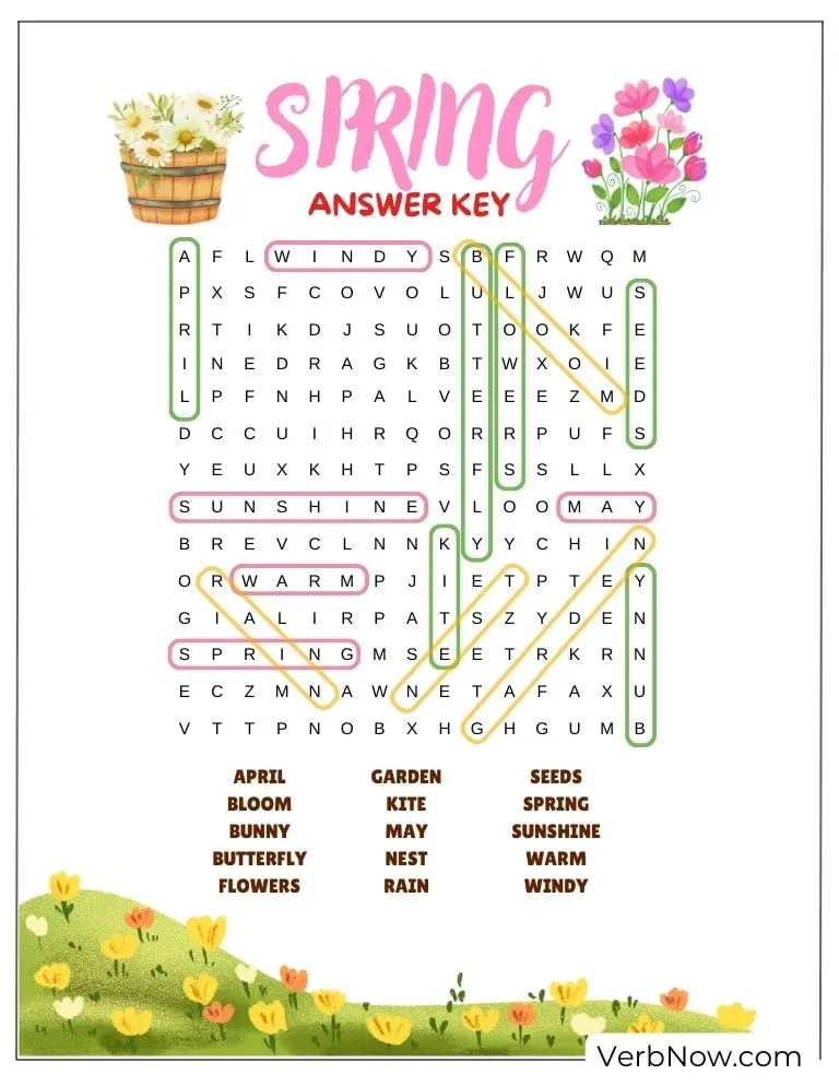 10+ Free Spring Word Puzzles to Welcome the Season (Printable PDF) Spring season word search solved for reference.