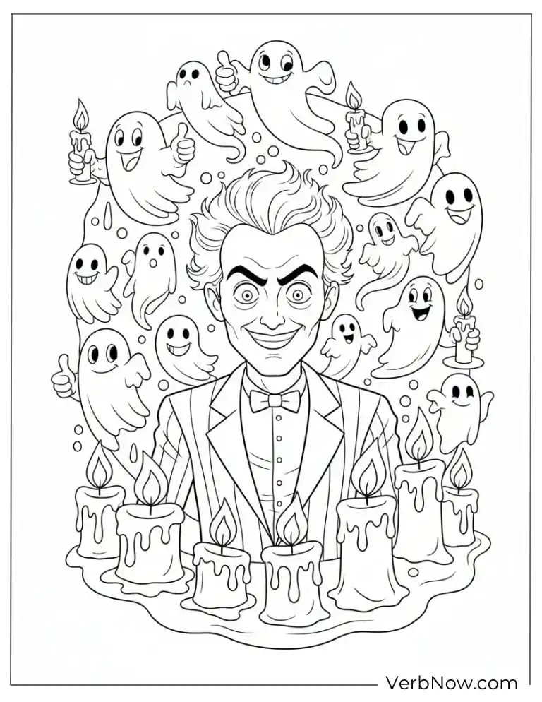 Beetlejuice surrounded by floating ghosts and candles