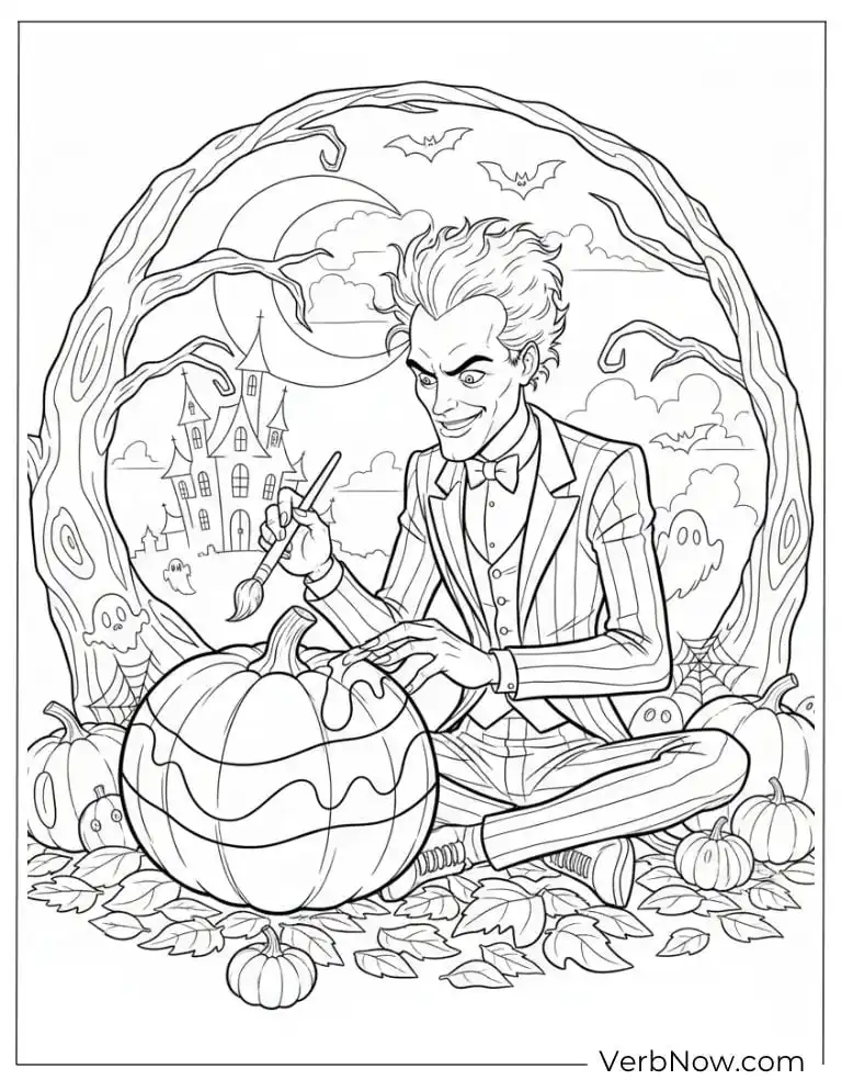 Beetlejuice carving a pumpkin in a spooky setting