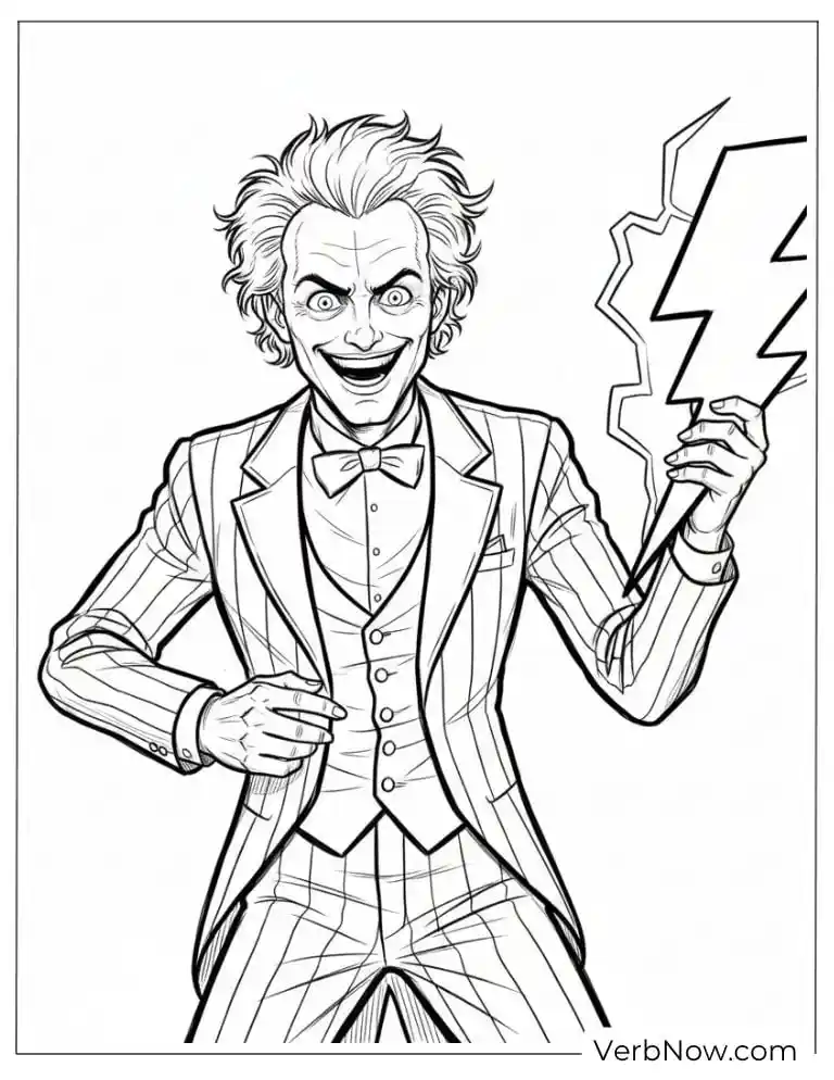 Beetlejuice holding a lightning bolt and grinning