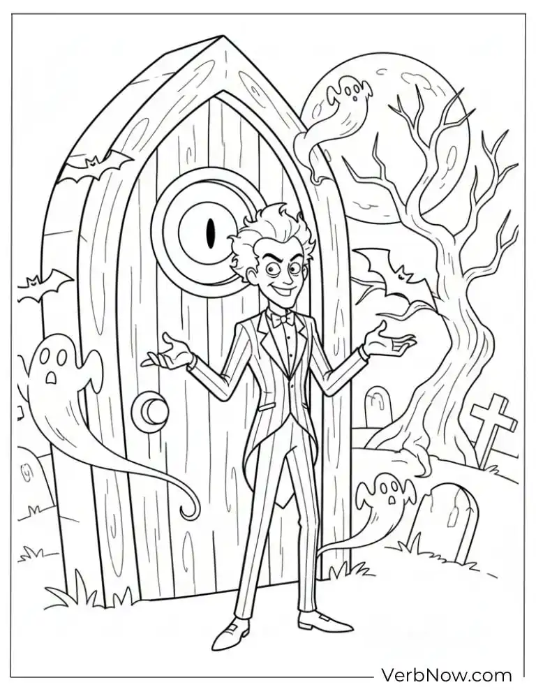 Beetlejuice standing in front of a haunted door