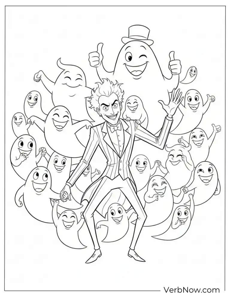Beetlejuice surrounded by cheerful cartoon ghosts