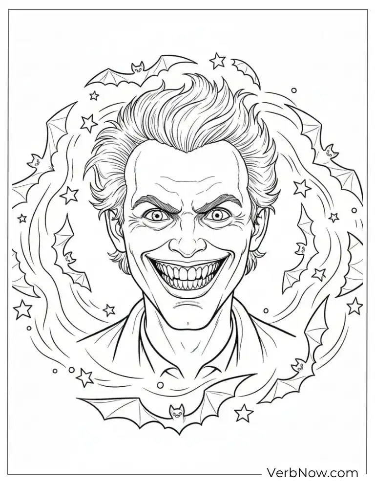 Close-up portrait of Beetlejuice with bats and stars around him