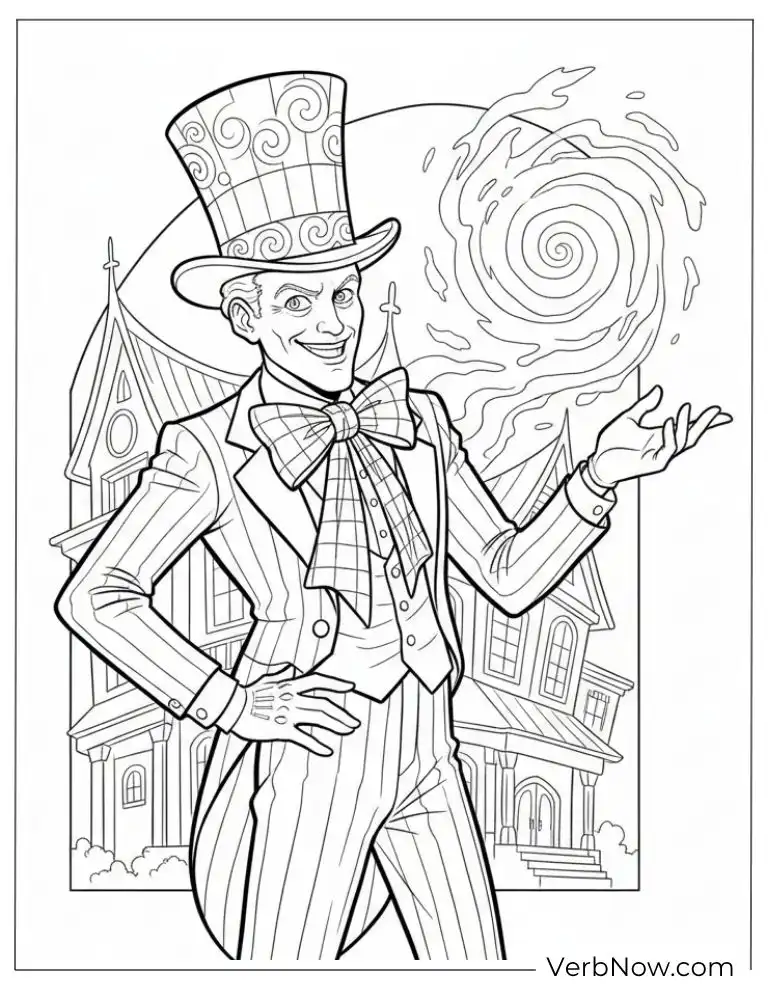 Beetlejuice wearing a tall hat, standing confidently in front of a haunted house