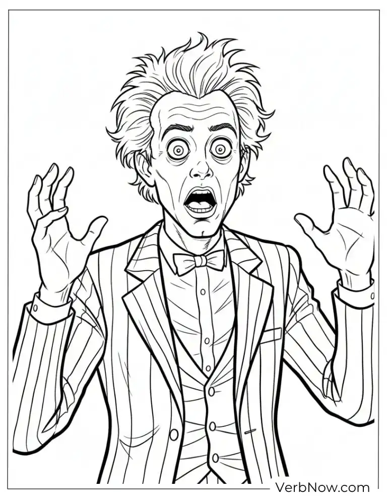 Surprised Beetlejuice with wide eyes and raised hands