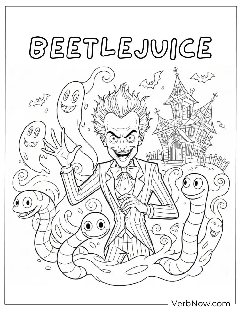 Beetlejuice with spooky ghosts and a haunted house in the background