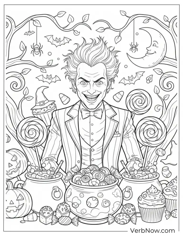 Beetlejuice sitting behind a cauldron filled with candies and lollipops