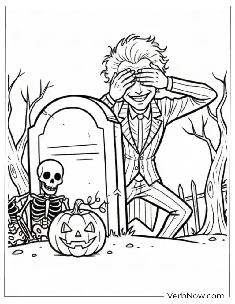 Beetlejuice sitting near a tombstone with a skeleton and pumpkin