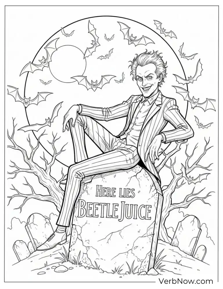 Beetlejuice leaning on a tombstone under a full moon with bats flying