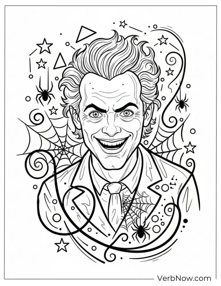 Close-up of smiling Beetlejuice with stars and spiderwebs around