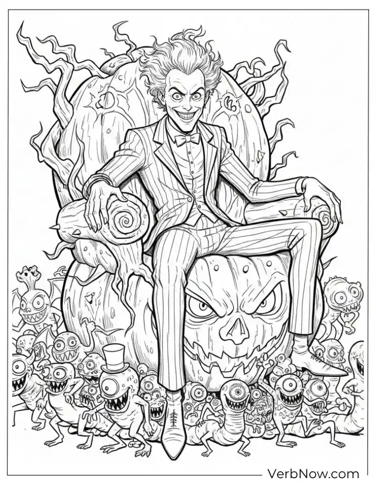 Beetlejuice sitting on a throne surrounded by creepy little monsters