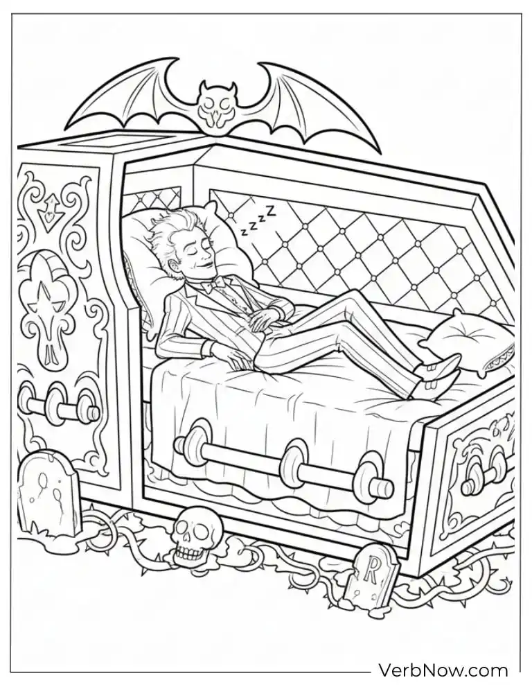 Beetlejuice sleeping inside a fancy coffin