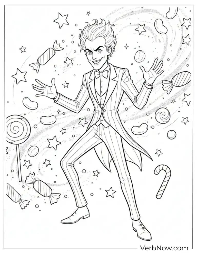 Beetlejuice dancing in a swirl of candies and stars