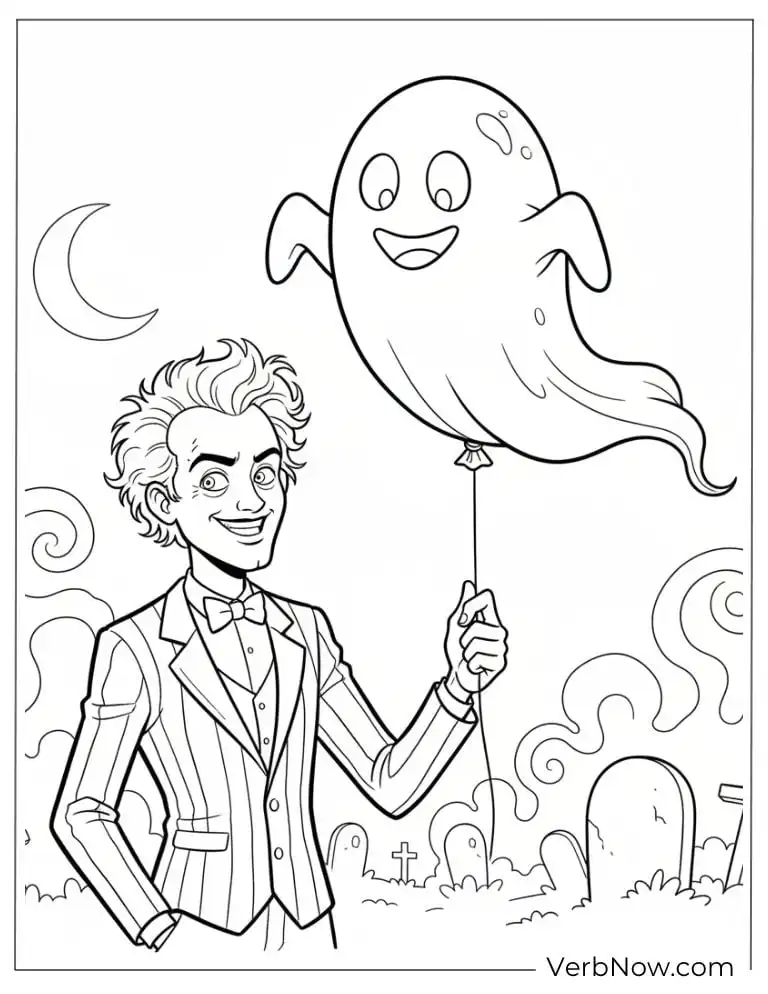 Beetlejuice holding a balloon shaped like a ghost