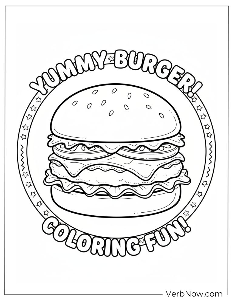 Juicy burger ready to color with “Yummy Burger” text