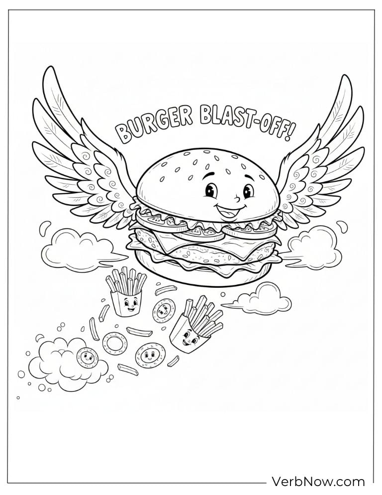 Flying burger with wings soaring through the clouds