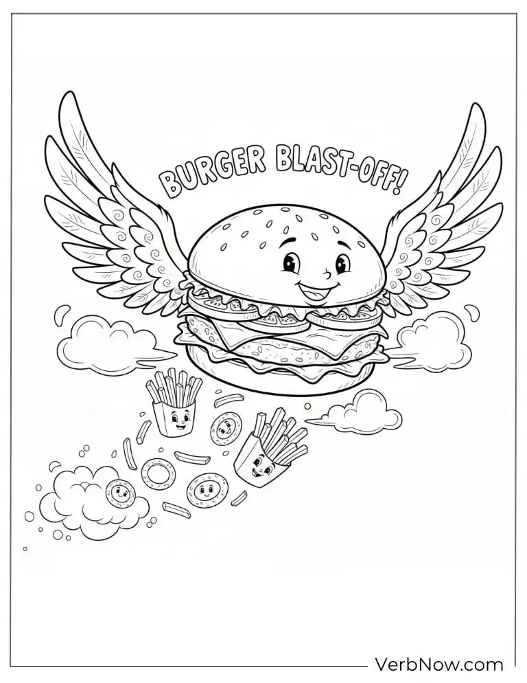 22 Free Burger Coloring Pages (100% Printable PDF) Flying burger with wings soaring through the clouds