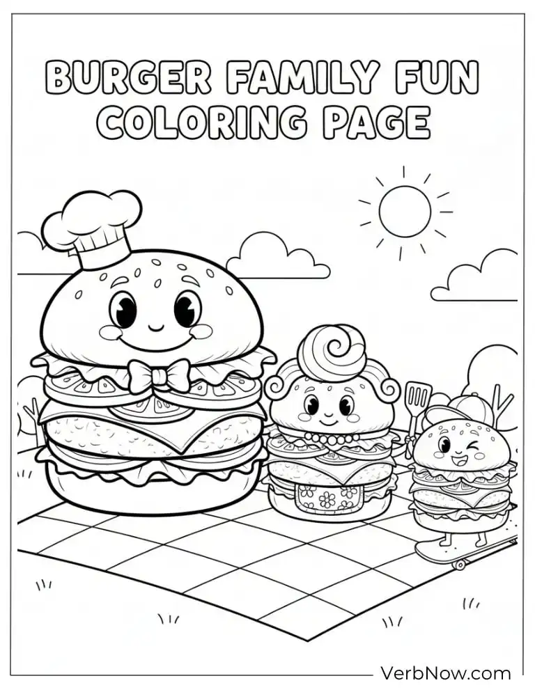 22 Free Burger Coloring Pages (100% Printable PDF) Burger family enjoying a sunny picnic together